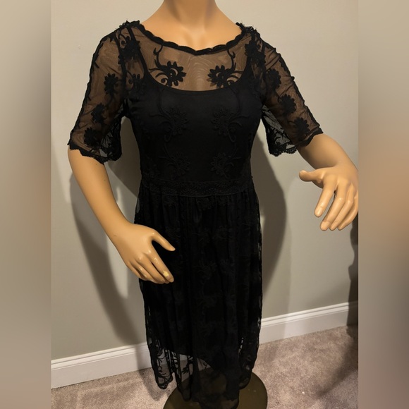 Sheer Black Embroidered Lace dress with mini slip; - Picture 6 of 6